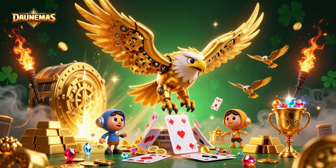 Experience the thrill of DAUNEMAS with golden eagles diving through playing cards in a dazzling casino setting.