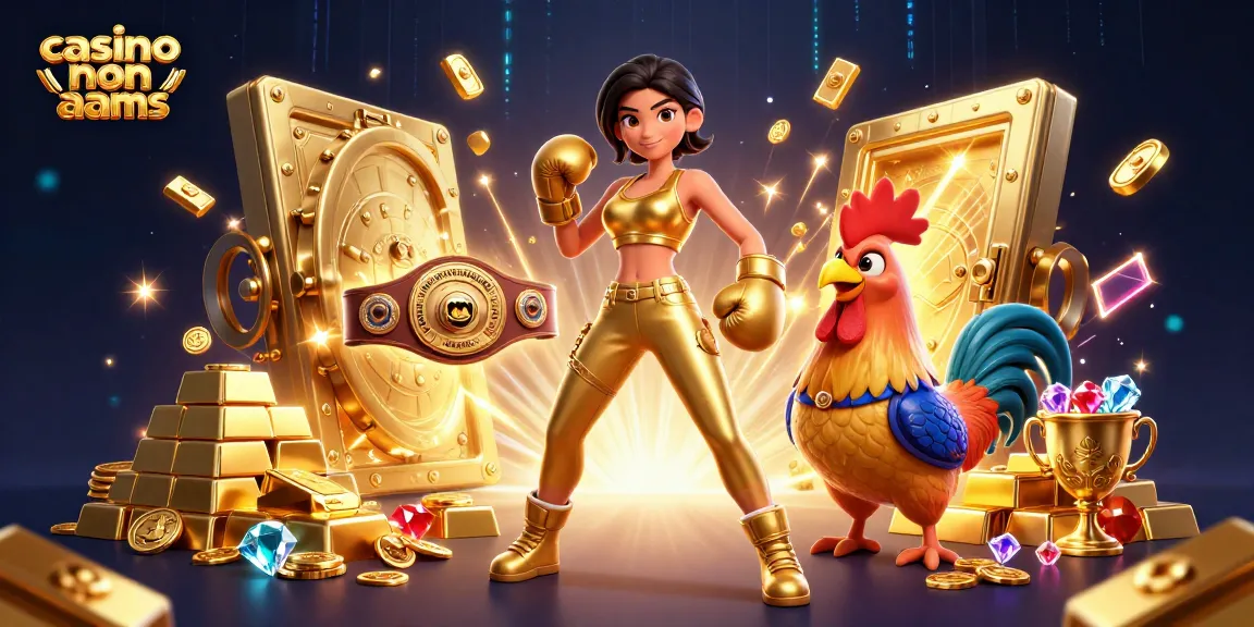 Interagisci con il casinò non aams attraverso un'illustrazione 3D vibrante che mostra una donna potente, un gallo da combattimento campione e tesori abbaglianti.