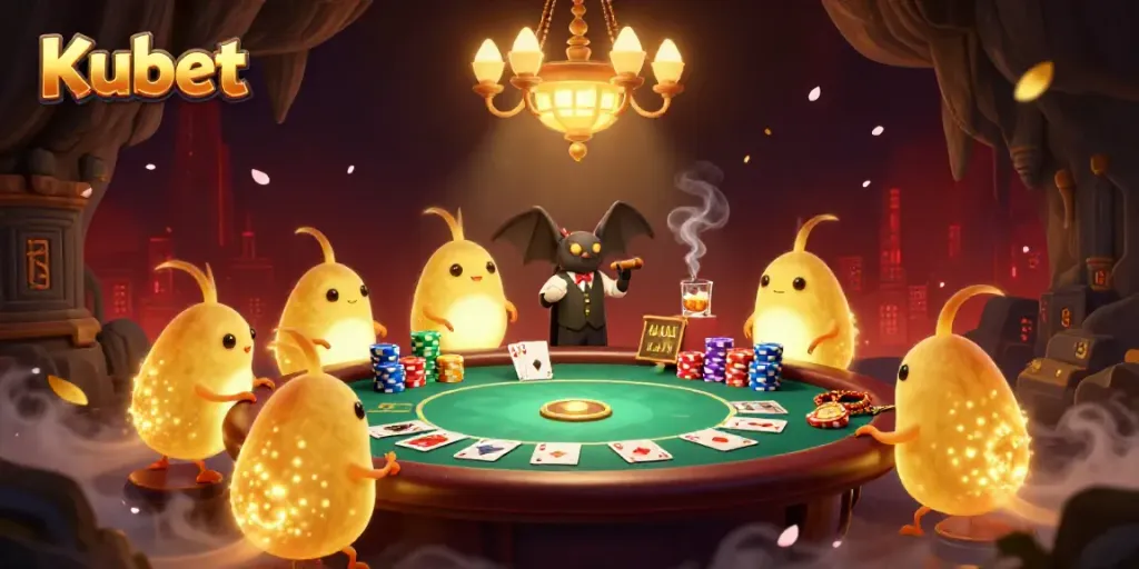 Kubet illuminates a vibrant cave casino with glowworms and a bat dealer engaging in poker.