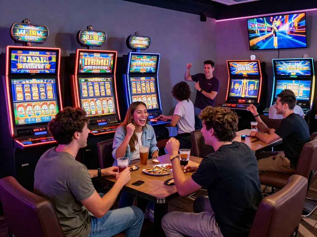 Exciting players engaging with 513 Slots in a vibrant gaming lounge atmosphere, celebrating wins and enjoying the experience.