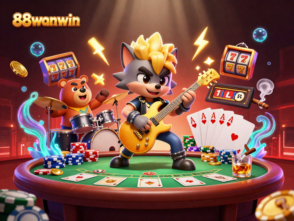 Experience high-energy casino action with 88wanwin as a rock star wolf entertains on stage.