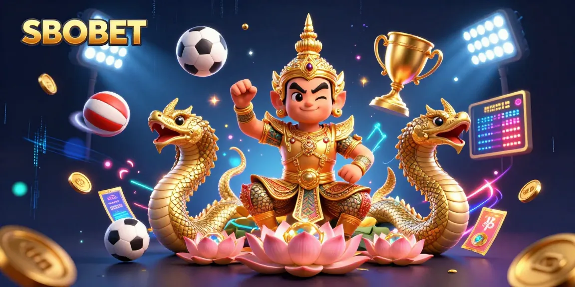 SBOBET empowers bettors with exciting sports bets, featuring vibrant sports balls and a glamorous backdrop.