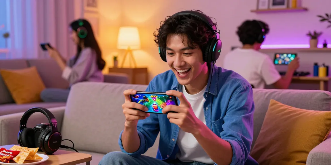 Engaged player enjoying jz777games on smartphone in cozy living room setting with vibrant game graphics.