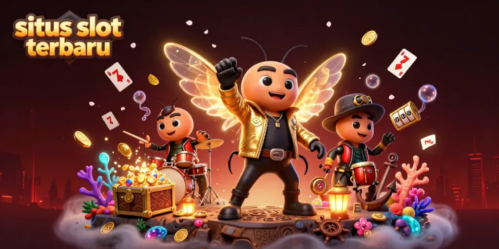 Slot terbaru dengan simbol keberuntungan dan karakter ceria dalam ilustrasi 3D.