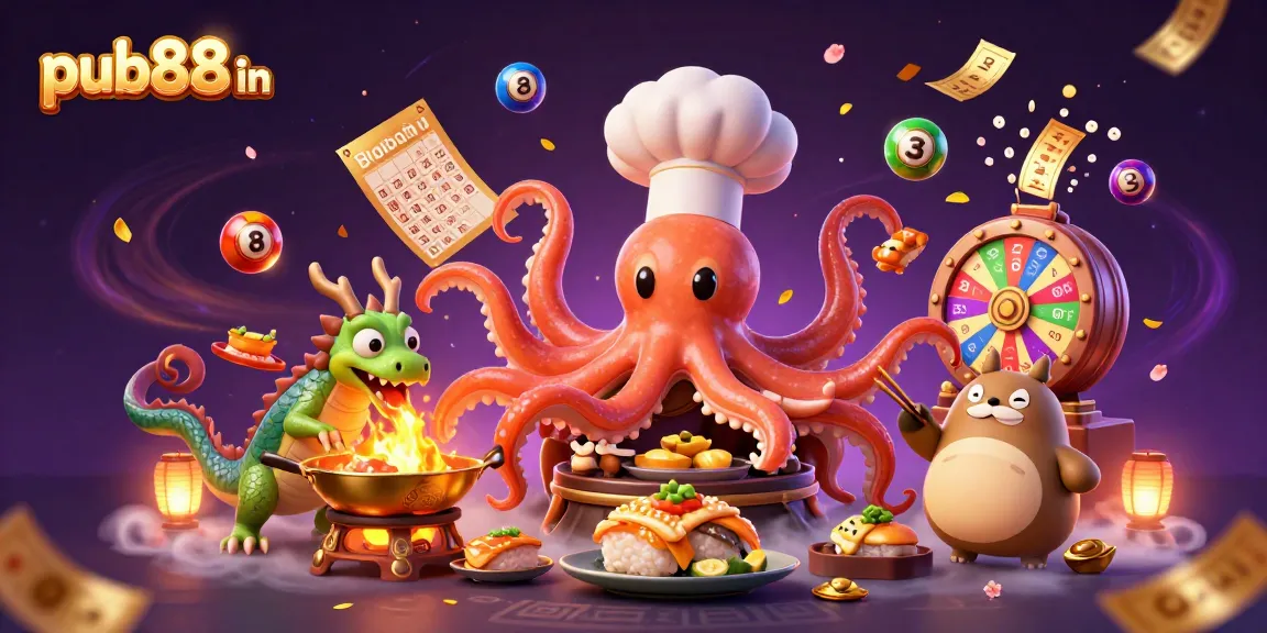 Engage with an exciting pub88 in gaming illustration featuring dynamic lottery and casino elements.
