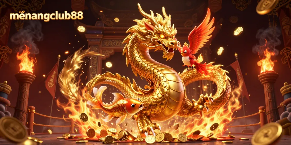Experience thrilling gameplay at menangclub88 with a dynamic dragon and phoenix in a casino atmosphere.