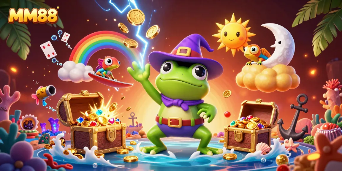 Engage with MM88's vibrant gaming atmosphere as characters conjure gold coins in a magical scene.