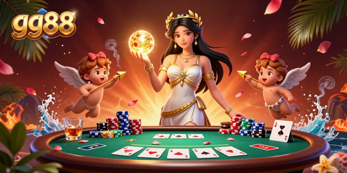 Experience thrilling gaming action with gg88 as a gorgeous Grecian goddess and cherubs celebrate wins at the poker table.