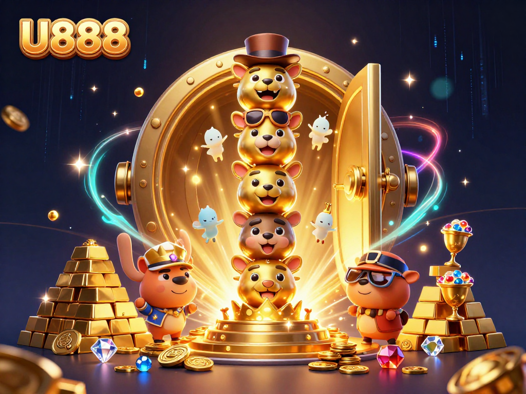 U888 showcases excitement with golden treasure, totem pole characters, and casino elements.