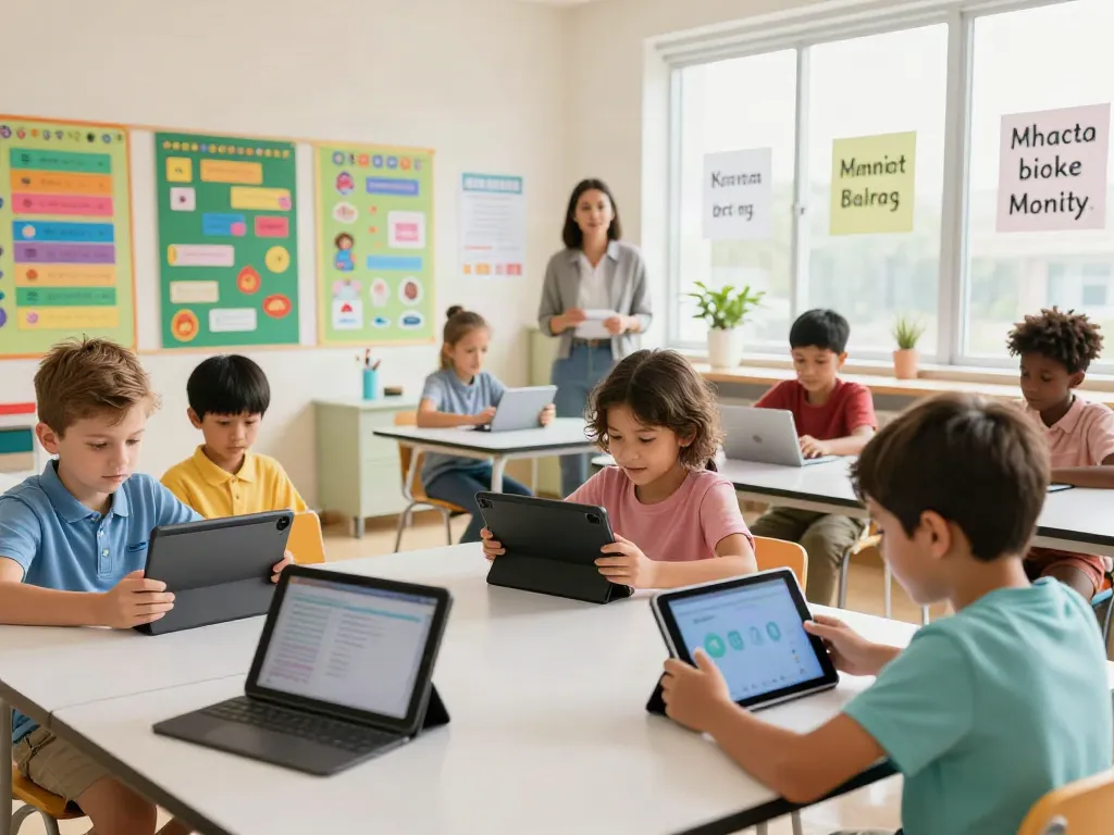 Platform edukasi makmur77 dengan siswa belajar menggunakan tablet di kelas yang cerah.