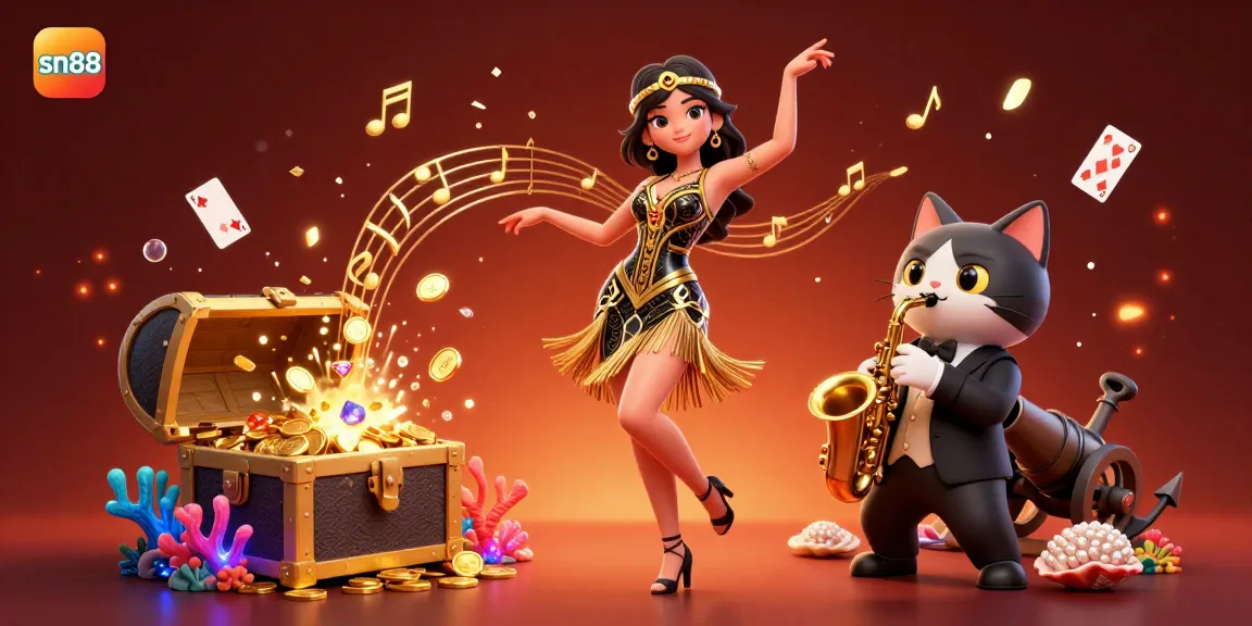Experience the thrill of sn88 casino as characters dance amidst vibrant confetti and dynamic gaming elements.
