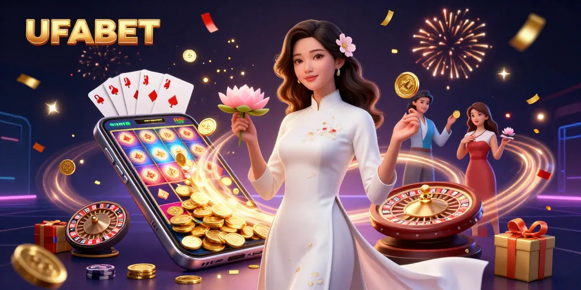 Play exciting games at UFABET, featuring a serene Asian woman amongst vibrant casino elements.