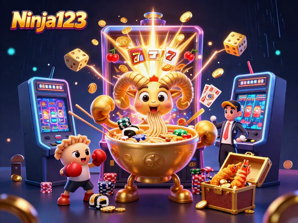 Ninja123 showcases excitement with a vibrant 3D casino scene featuring a giant ramen bowl dealer and energetic game elements.