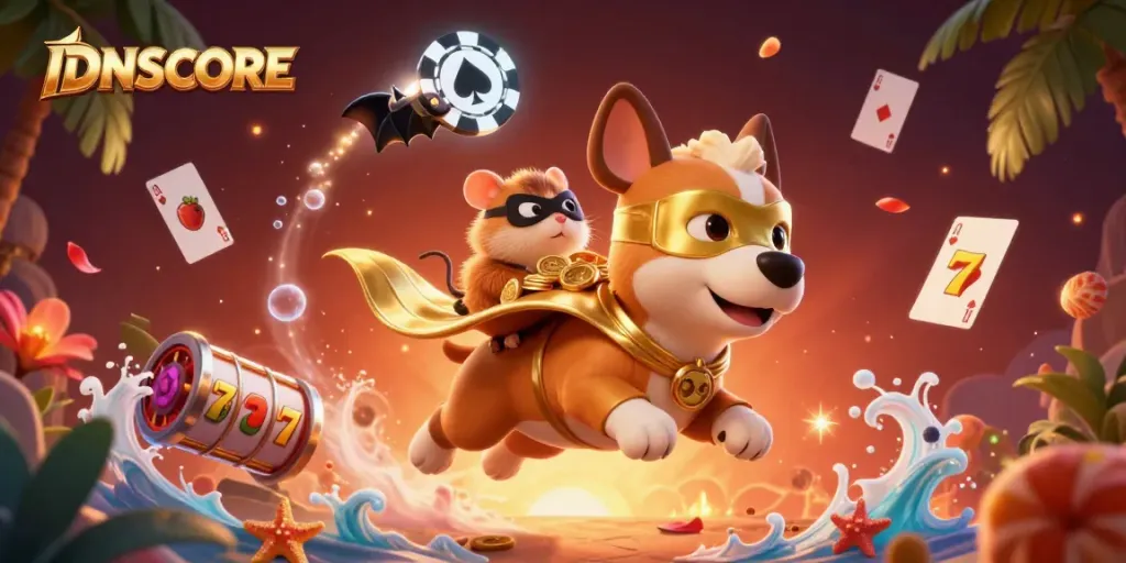IDNSCORE showcases a 3D superhero dog and hamster in a dynamic casino scene filled with winning slot elements.