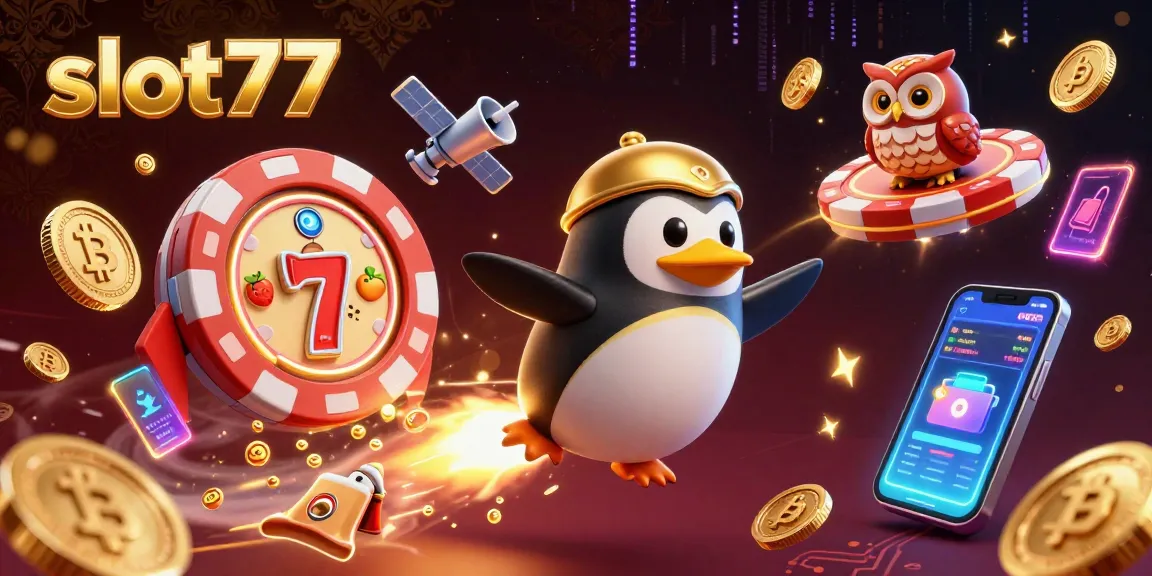Experience thrilling gameplay with slot77's vibrant 3D illustration featuring a golden penguin and casino-themed elements.