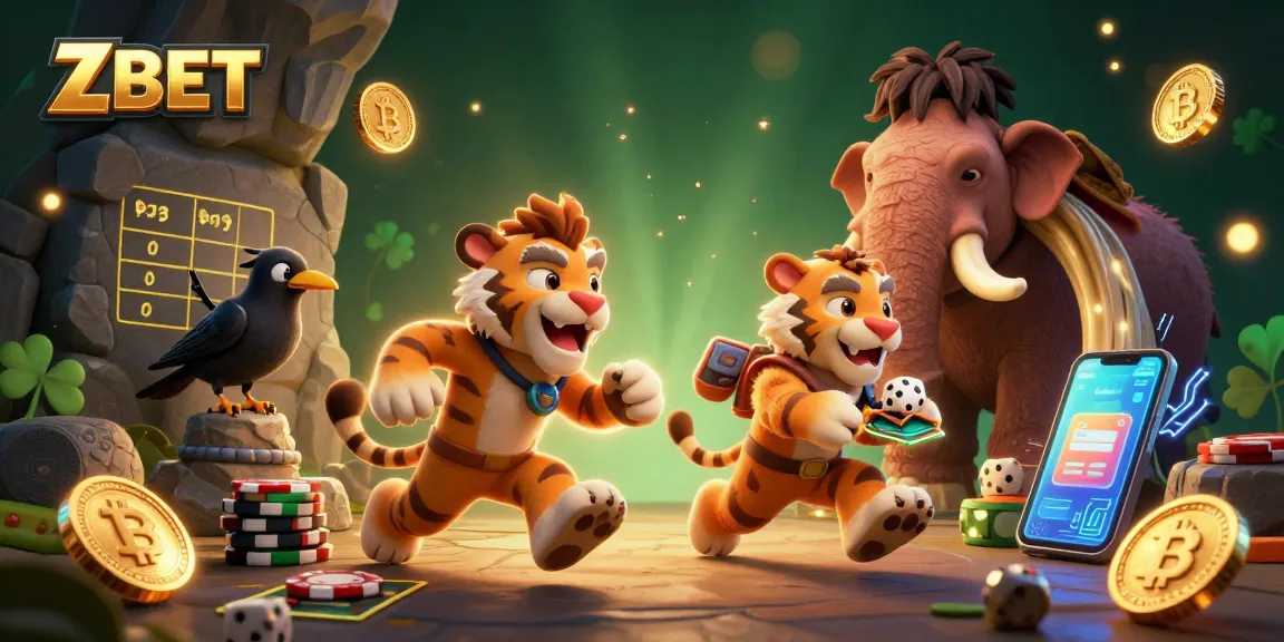 ZBET showcases a lively prehistoric casino scene with a caveman duo and crypto elements, enhancing gambling excitement.