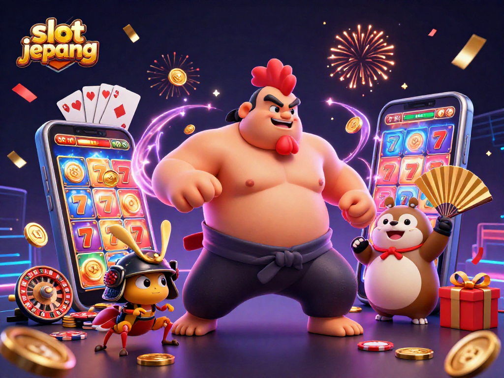 Experience the excitement of slot jepang with a vibrant 3D illustration showcasing iconic characters and casino elements.