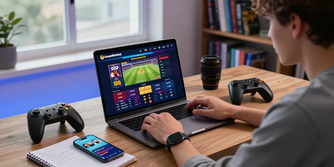 Engaged user analyzing Grandbetting odds on a laptop at a stylish home office with gaming elements.