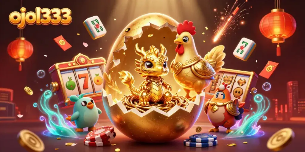 Win big at ojol333 with a golden dragon surrounded by vibrant slot elements and festive decorations.