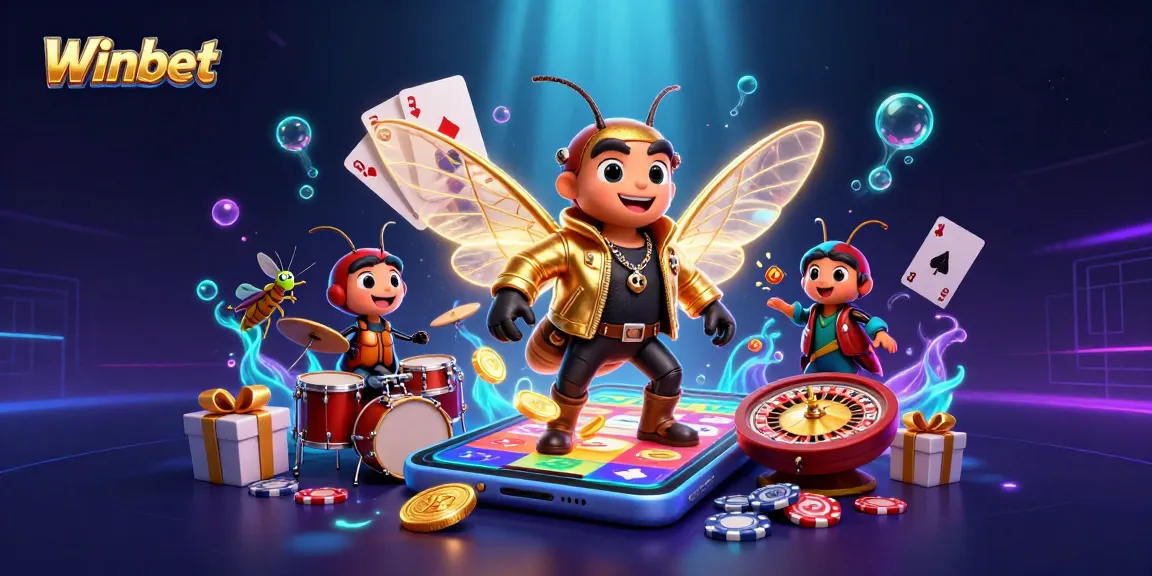 Engage with Winbet's vibrant gaming scene featuring a rock star cicada and dynamic slot games.