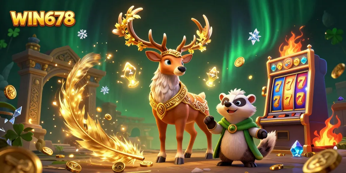 WIN678's vibrant 3D representation featuring a Celtic stag and badger in a lively casino scene with gold coins.
