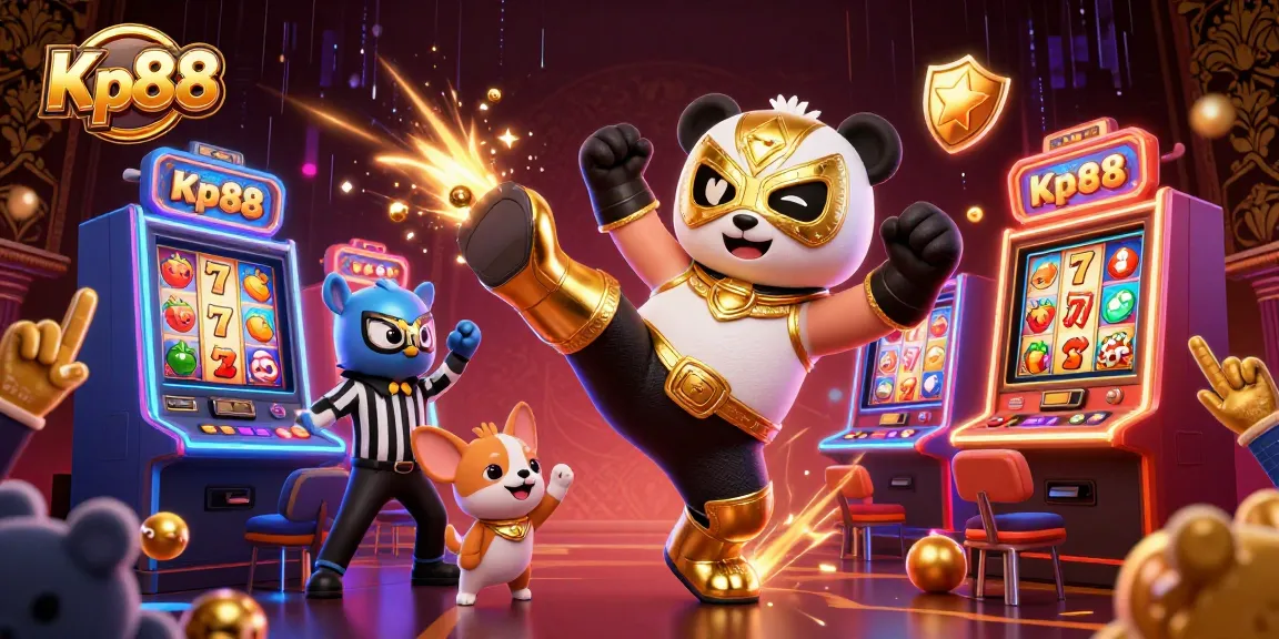 Kp88 offers dynamic casino action, featuring an animated panda wrestler and chihuahua referee in an exciting gambling scene.