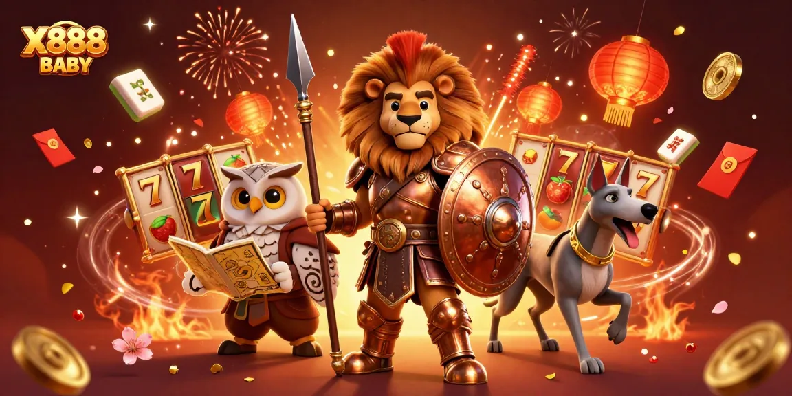 X888 BABY showcases a vibrant casino-themed scene with a Spartan lion, owl strategist, and greyhound amid slot symbols.