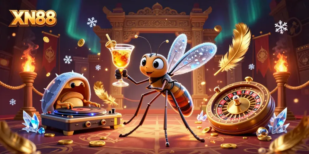 Play exciting games at XN88 with golden coins and vibrant casino elements in a lively 3D scene.