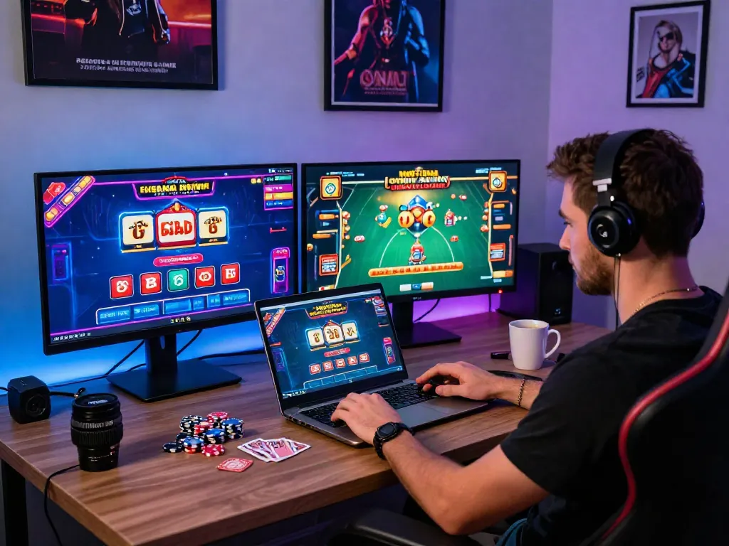 Engaged player exploring non UK registered casinos at a stylish home gaming setup with vibrant graphics and modern decor.