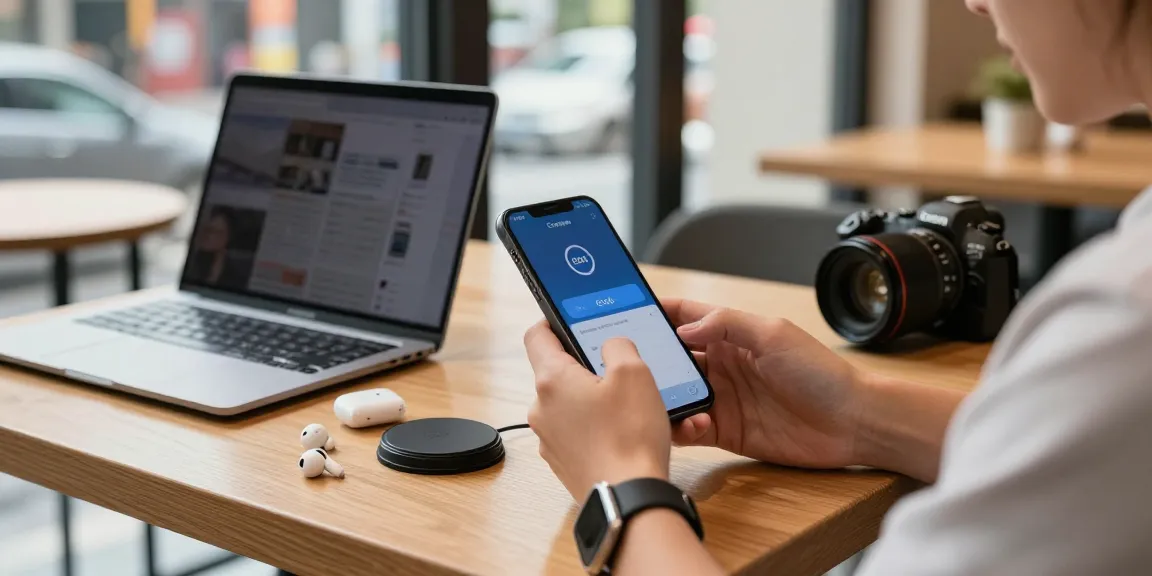 كيف يعمل eSIM في الهاتف؟ شخص يستخدم هاتفه الذكي في مقهى حديث مع أجهزة رقمية حوله.