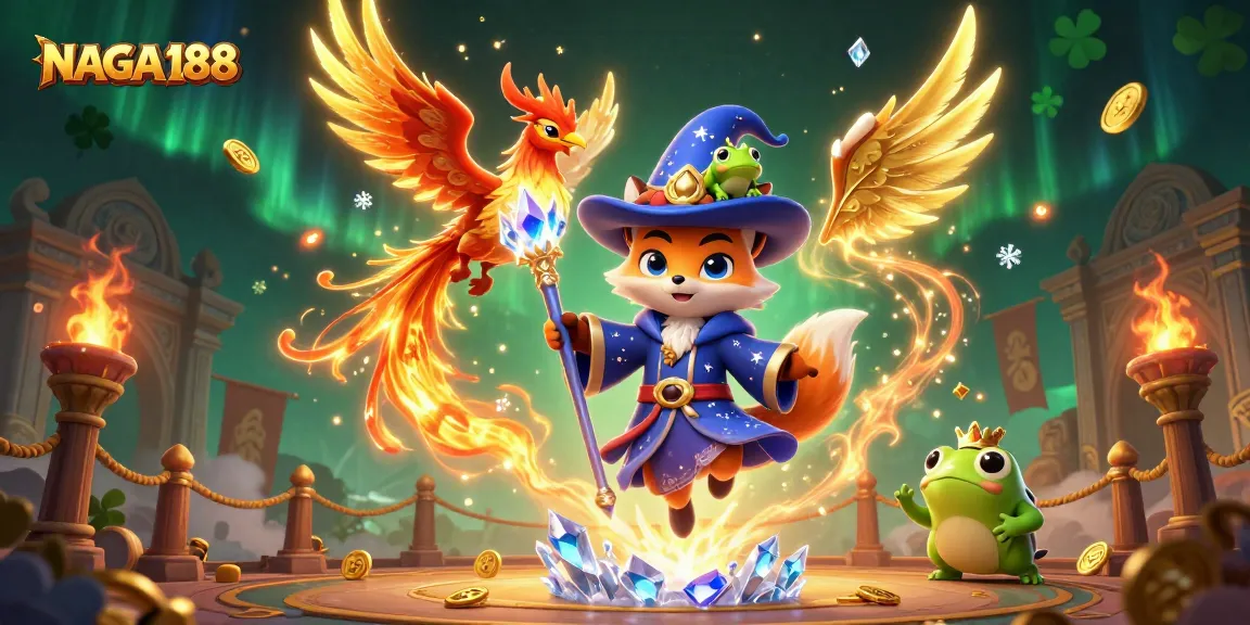 NAGA188 menghadirkan ilustrasi 3D ajaib dari penyihir rubah dengan staf kristal, phoenix, dan koin emas dalam suasana kasino yang menakjubkan.