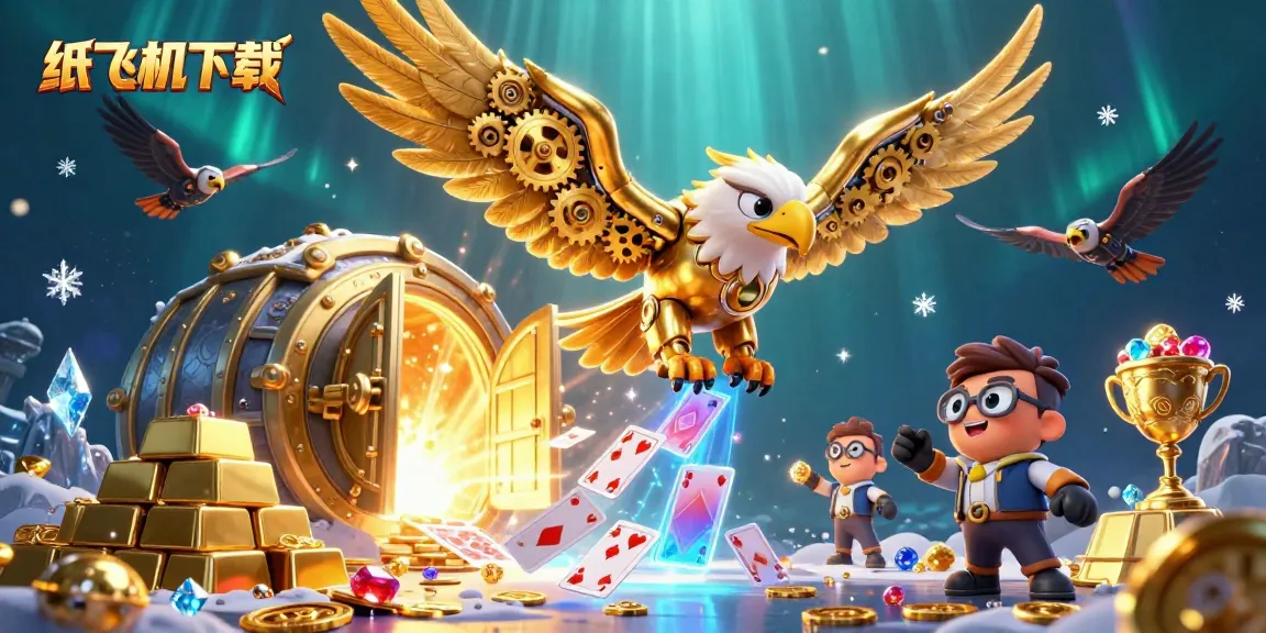 Experience the thrill of 纸飞机下载 as a golden eagle dives through holographic cards in a rich casino setting.