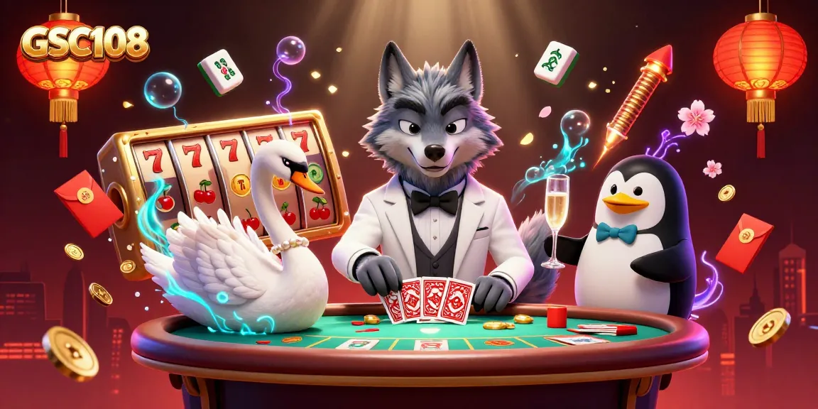 Experience the vibrant excitement of GSC108 with a lively casino scene featuring unique characters and game elements.
