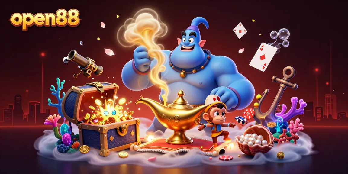 Experience the magic of open88 with a 3D genie, poker chips, and treasure in vibrant color.