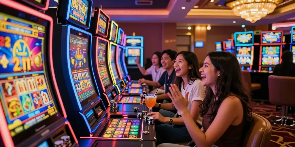 Friends playing slot gacor machines with excitement and joy in a vibrant casino atmosphere.