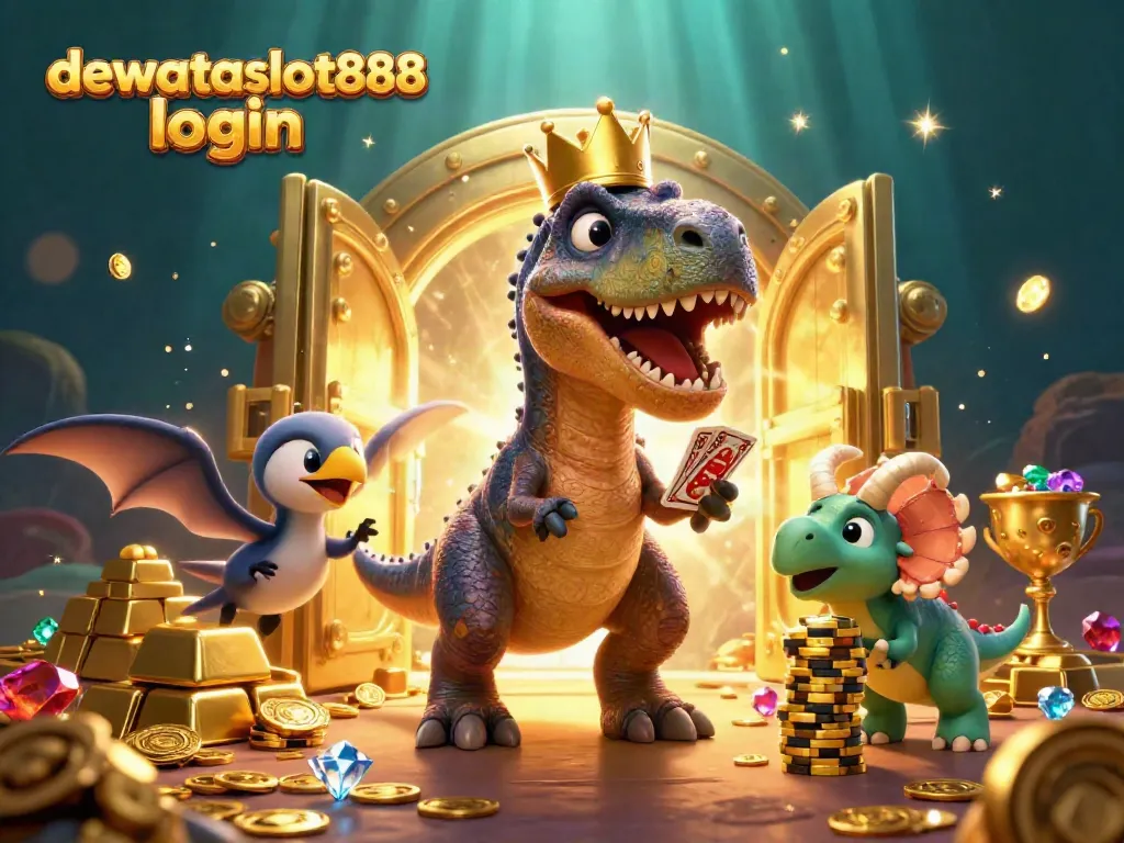Permainan capsa susun di dewataslot888 login dengan dinosaurus 3D mengocok kartu dan menumpuk chip emas.