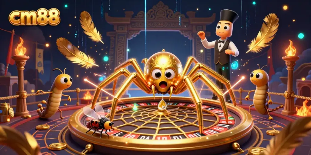 Experience an exciting cm88 gaming scene with golden spider and centipede croupier spinning bets around.