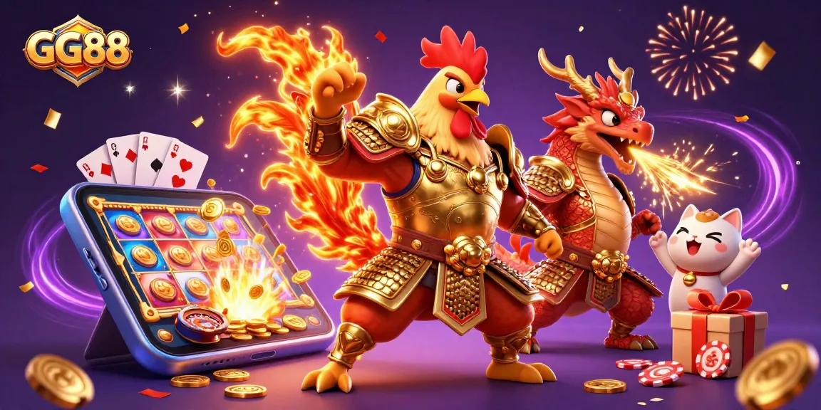 Experience GG88's thrilling gaming world with vibrant 3D characters and explosive casino elements.
