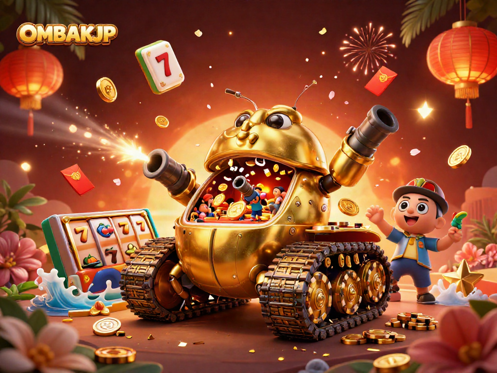 Engage with OMBAKJP's thrilling mini casino within a golden beetle tank, surrounded by gaming elements.