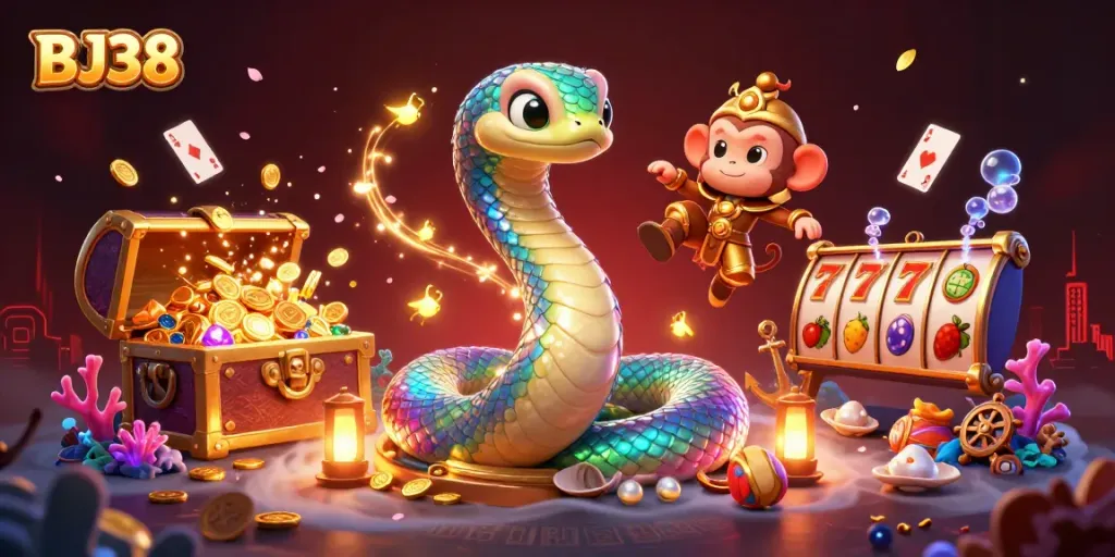 Engage with BJ38's vibrant casino scene featuring a colorful serpent and playful monkey king.