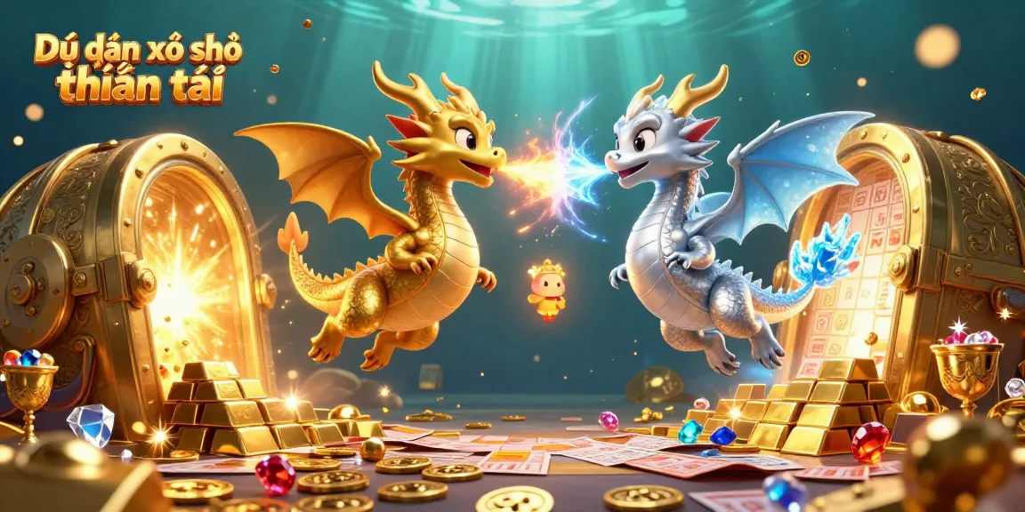 Dự đoán xổ số thần tài reveals winning numbers in vibrant 3D scene with golden treasures.