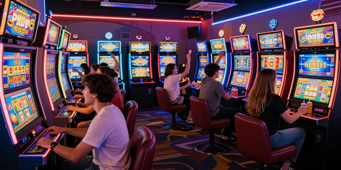 Pemain merayakan kemenangan slot di arcade yang dipenuhi cahaya neon, memberikan pengalaman permainan yang mendebarkan.