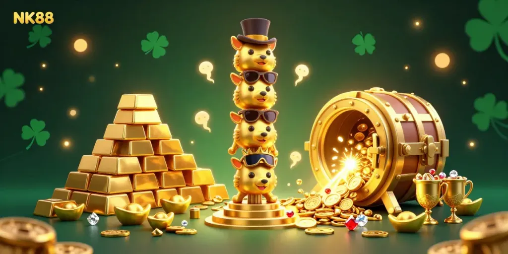 Experience the thrill of NK88 with a vibrant 3D casino scene showcasing golden treasures and animated characters.