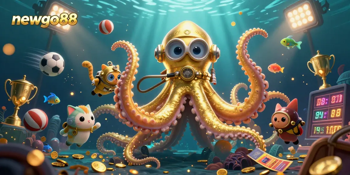 Trải nghiệm cá cược độc đáo cùng newgo88 với hình ảnh hấp dẫn từ chiếc kraken vàng và cá thể thao.