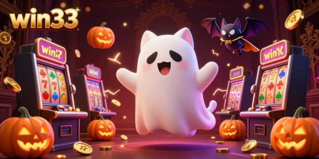 Experience the win33 slots action with our friendly ghost cat and vibrant casino elements!