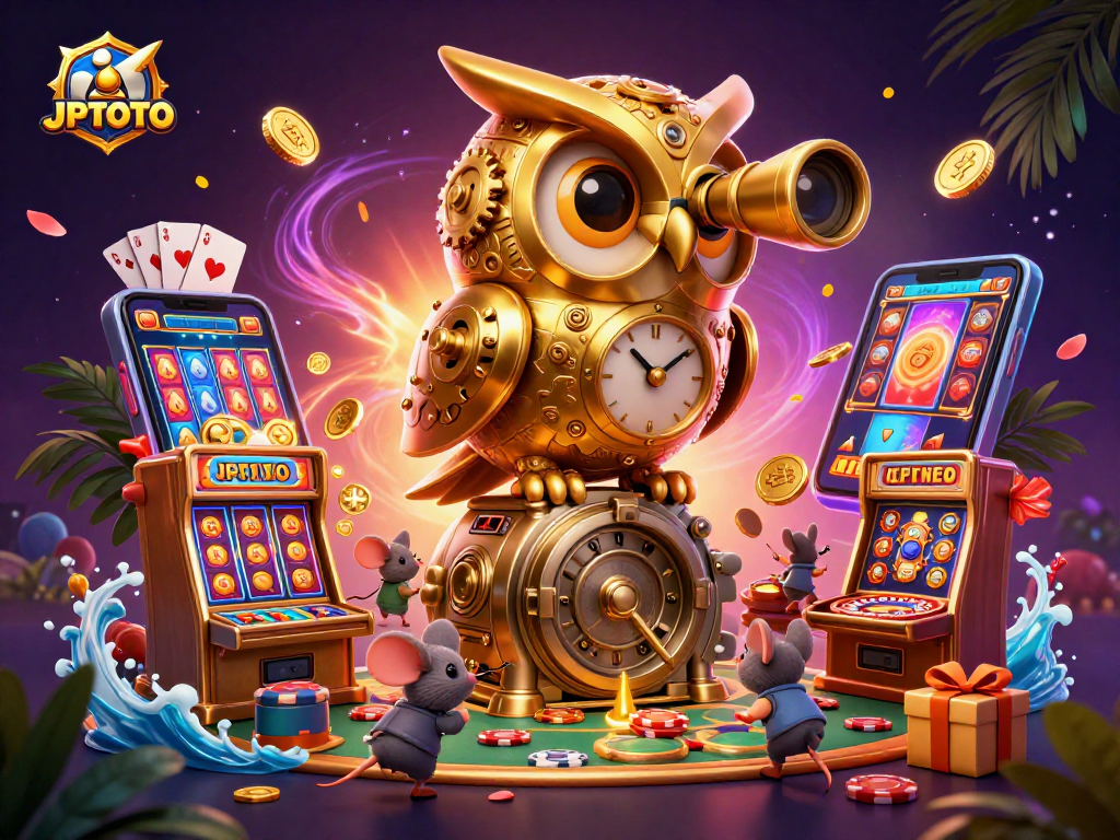 Experience winning excitement with JPTOTO's dynamic casino scene featuring vibrant slot machines and characters.