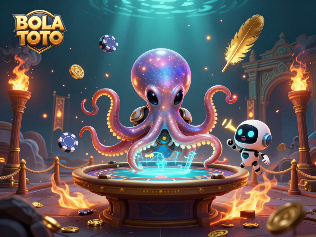 BOLA TOTO showcases an animated alien octopus at a poker table, orbiting chips and vibrant casino elements.