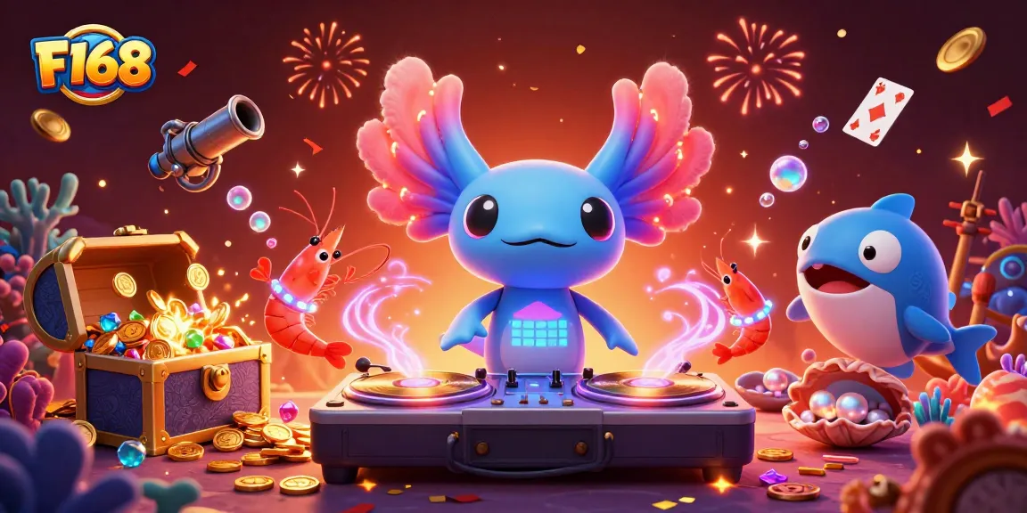 Join the excitement at F168 with a neon axolotl DJ and vibrant sea creatures in a thrilling underwater casino experience.