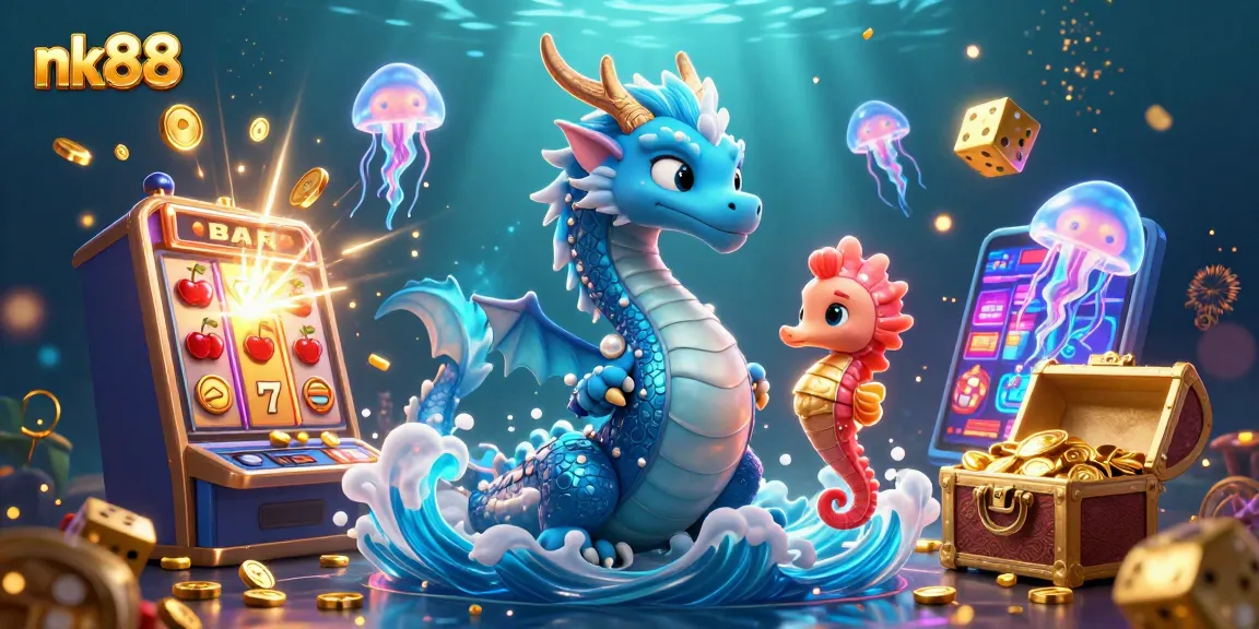 Engage with nk88 as the dragon and seahorse knight navigate a colorful underwater casino adventure.