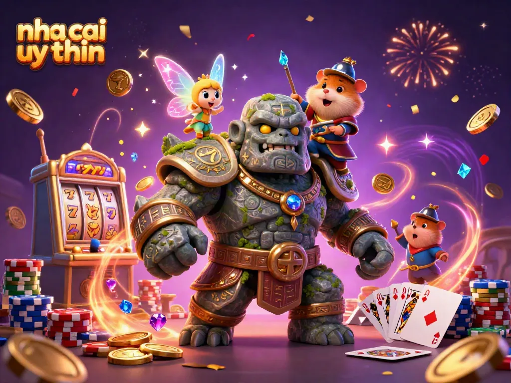 Cascading coins and a magical golem symbolize nha cai uy tin in an exciting casino scene.